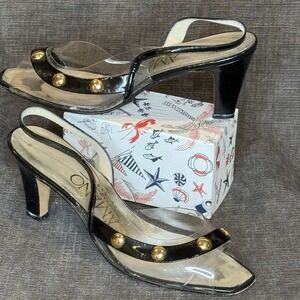 Vintage Amano Shoes Heels Women's Black Patent Leather & Gold Button Accent 8.5
